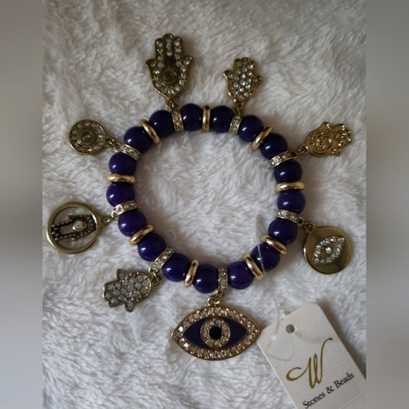 Hamsa Khamsa Fatima Eye Stretch Bling Charm Bracelet Purple Gold NWT - Picture 2 of 15